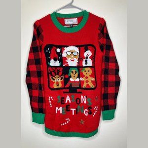 Red and Black Plaid Knit "Season's Meetings" Derek Heart Christmas Sweater
